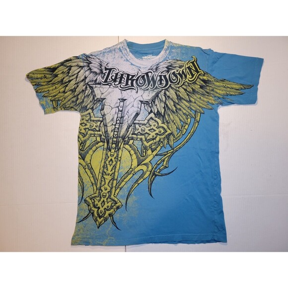 Throwdown Premium Cross Wings Blue‎ Gold Double-sided MMA Spellout Logo Mens L - Picture 1 of 6
